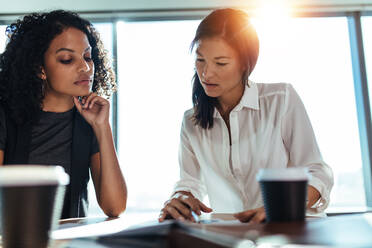 Zwei junge Frauen, die Geschäftsdaten analysieren, sitzen auf einem Tisch im Büro. Unternehmerinnen bei der Arbeit im Büro mit Kaffeetassen auf dem Tisch. - JLPSF26128