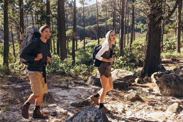 Mann und Frau Wanderer genießen Trekking auf Waldweg. Wanderer Paar erkundet die Natur zu Fuß durch den Wald. - JLPSF26325