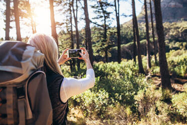 Woman taking photograph using a mobile phone during trekking. Hiker wearing backpack photographing forest scenes. - JLPSF26470