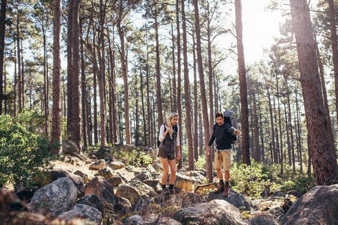 Mann und Frau wandern auf einem felsigen Pfad im Wald. Wandererpaar erkundet die Natur bei einem Spaziergang durch den Wald. - JLPSF26475