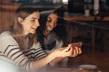 Zwei Frauen, die ein Selfie machen und lachend auf ihre Milchschnurrbärte in einem Café schauen. Freunde sitzen in einem Café mit Kaffee und Snacks auf dem Tisch und machen ein Selfie. - JLPSF26663