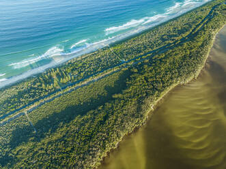 Aerial view of Wallis Lake and the Seven Miles Beach at sunset, New South Wales, Australia. - AAEF16514