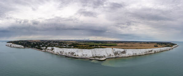 Panoramic aerial view of the white cliffs in St. Margaret's at Cliffe, Dover, England, United Kingdom. - AAEF16532