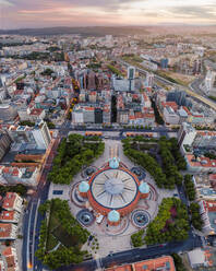 Aerial view of Campo Pequeno residential district in Lisbon city center at sunset, Portugal. - AAEF16599