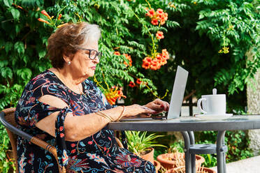 Konzentrierte ältere Dame in legerem Outfit und Brille sitzt auf einem Stuhl am Tisch und surft auf einem Netbook in der Nähe einer Tasse auf einer Untertasse und Grünpflanzen mit Blumen im Garten bei Tageslicht - ADSF39946