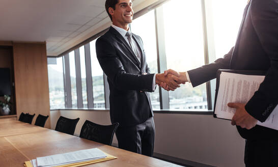 Two business men shaking hands after a successful meeting in the office. Greeting, dealing, merger and acquisition concept. - JLPSF27217
