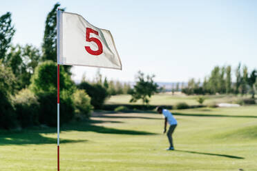 Seitenansicht eines anonymen männlichen Golfspielers, der sich darauf vorbereitet, den Ball abzuschlagen, während er den Sport auf dem Platz mit der Nummer auf dem Flaggenstock ausübt - ADSF39983