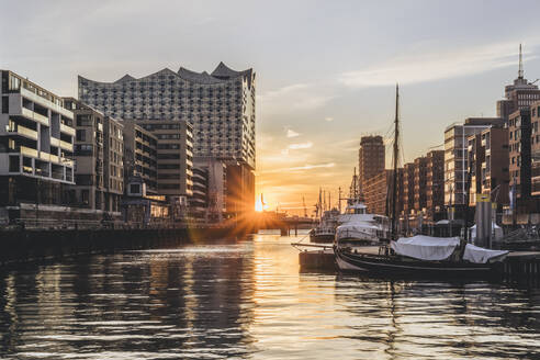 Deutschland, Hamburg, Segelboote im Sandtorhafen bei Sonnenuntergang - KEBF02458