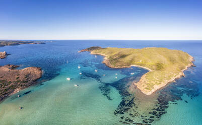 Spain, Balearic Islands, Menorca, View of Colom Island and surrounding sea in summer - SMAF02344