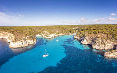 Spain, Balearic Islands, Menorca, Aerial panorama of Cala Macarelleta and Cala Macarella - SMAF02367