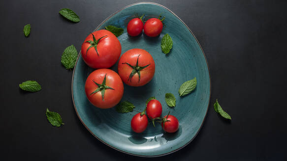 Reife Tomaten und Minzblätter auf einem Teller. Große und kleine Tomaten auf einem Keramikteller auf schwarzem Hintergrund. - JLPSF27350