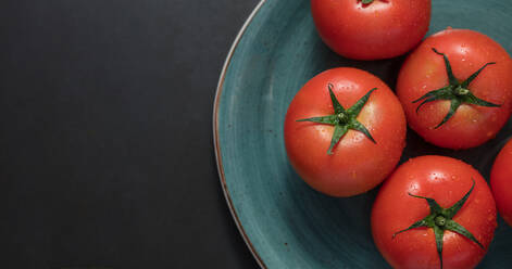 Closeup of ripe tomatoes placed in a ceramic plate. Water droplets on fresh tomatoes in a plate. - JLPSF27352