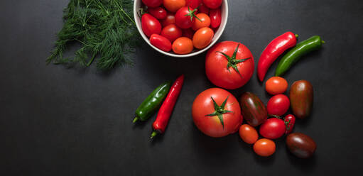 Tomatoes, chilies and dill leaves on table. Red and green chilies placed along side tomatoes and dill leaves. - JLPSF27355