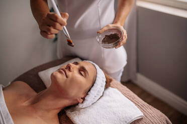 Kosmetikerin beim Auftragen einer kosmetischen Maske auf das Gesicht einer Frau in einem Saft-Salon. Frau, die sich einer Kurbehandlung unterzieht - JLPSF27758