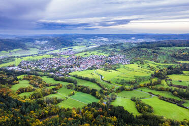 Germany, Baden-Wurttemberg, Drone view of town in Wieslauftal valley - STSF03600