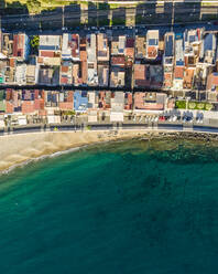 Aerial view of the beach and coastline in Giardini Naxos, Taormina, Sicily, Italy. - AAEF16730