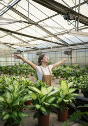 Young gardener with arms outstretched standing in greenhouse - RCPF01485
