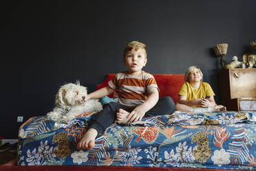 Siblings with dog sitting on the bed at home - EYAF02333