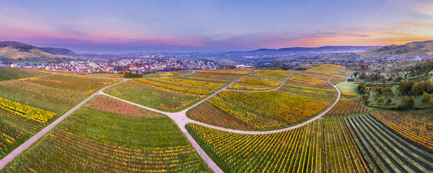 Deutschland, Baden-Württemberg, Drohnenpanorama der Weinberge im Remstal in der Herbstdämmerung - STSF03640