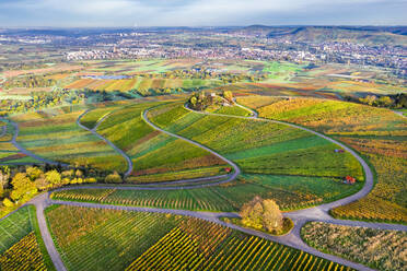 Deutschland, Baden-Württemberg, Drohnenaufnahme von herbstlichen Weinbergen im Remstal mit Stadt im Hintergrund - STSF03654