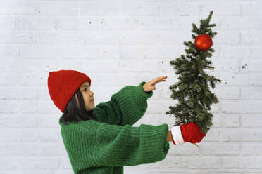 Nettes Mädchen hält Weihnachtsbaum vor weißer Backsteinmauer - IEF00210