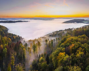 Deutschland, Baden-Württemberg, Drohnenansicht des Wieslauftals bei nebligem Herbstsonnenaufgang - STSF03655