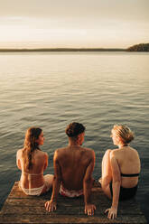 Hohe Winkel Ansicht der männlichen und weiblichen Freunde sitzen auf Steg am See im Urlaub - MASF32711