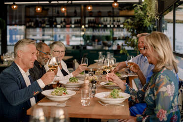 Glückliche ältere männliche und weibliche Freunde stoßen mit Weingläsern im Restaurant an - MASF33335
