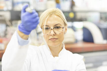 Scientist with pipette examining medical sample at laboratory - SGF02943