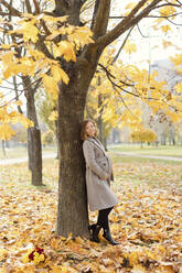 Schwangere Frau lehnt an einem Baum im Herbstpark - ONAF00266