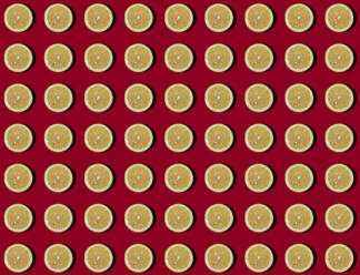 Pattern of halved lemons flat laid against red background - GIOF15643