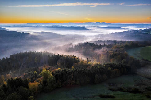 Deutschland, Baden-Württemberg, Drohnenansicht des Haselbachtals bei nebliger Herbstdämmerung - STSF03671