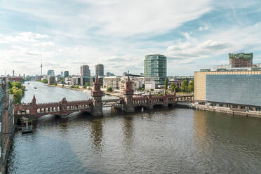 Germany, Berlin, Oberbaum Bridge with Mediaspree quarter in background - TAMF03604