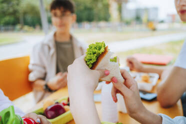 Student holding sandwich sitting at table in schoolyard - MDOF00267