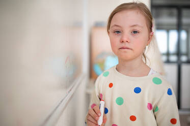 Ein kleines Schulmädchen mit Down-Syndrom steht vor einer Tafel und schaut in die Kamera - HPIF00048