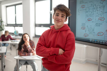 Ein Student erklärt einige Ideen auf einem Touch-TV im Klassenzimmer. - HPIF00077