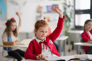 Ein glückliches Schulmädchen mit erhobenen Händen während des Unterrichts in einem Klassenzimmer in der Grundschule. - HPIF00112