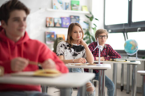 Students paying attention in a class, sitting in their school desks. - HPIF00161