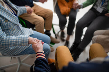 A group of seniors holding hands and praying for Ukraine together in church community center, close-up. - HPIF00356