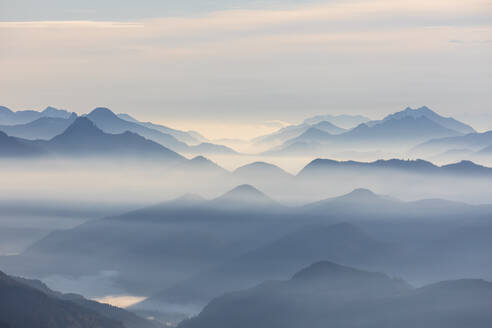 Germany, Bavaria, Jachenau, View from Herzogstand mountain at foggy dawn - FOF13195