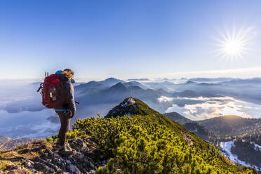 Germany, Bavaria, Female hiker admiring surrounding landscape from summit of Herzogstand mountain - FOF13196