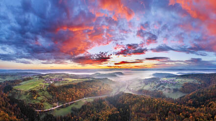 Germany, Baden-Wurttemberg, Drone view of moody sky over Remstal valley at foggy dawn - STSF03689