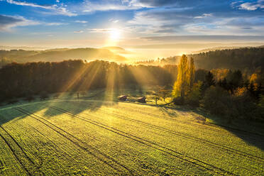 Deutschland, Baden-Württemberg, Drohnenansicht eines Herbstfeldes bei Sonnenaufgang - STSF03696