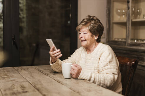 Lächelnde ältere Frau, die ein Smartphone benutzt und mit einer Kaffeetasse zu Hause sitzt - LJF02312