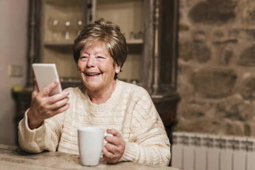 Glückliche ältere Frau, die ihr Smartphone benutzt und mit einer Kaffeetasse zu Hause sitzt - LJF02313