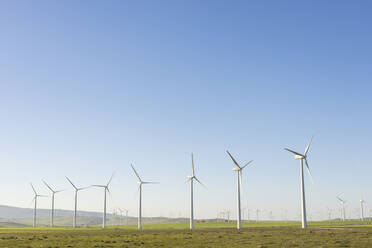 Windkraftanlagen auf einem Feld bei klarem Himmel - LJF02321