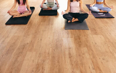 Group of women doing easy pose meditation during a yoga class. Women of different ages practicing breathing exercises in a yoga studio. Unrecognizable women working out in a community fitness studio. - JLPSF28484