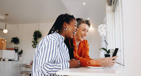 Smiling business women video calling their colleagues on a smartphone in a coffee shop. Two happy business women having an online morning meeting with their team while working remotely. - JLPSF28548