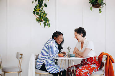 Glückliche Freunde, die in einem Café zusammen lachen. Zwei weibliche Freunde, die sich in einem modernen Café gut unterhalten - JLPSF28590