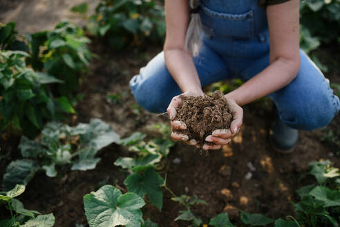 A close up of female famer hands holding soil outdoors at community farm. - HPIF00881